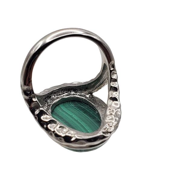 GSJ Large Oval Malachite Cocktail Ring Silver Tone Green Size 9 Stainless Steel - Picture 5 of 7